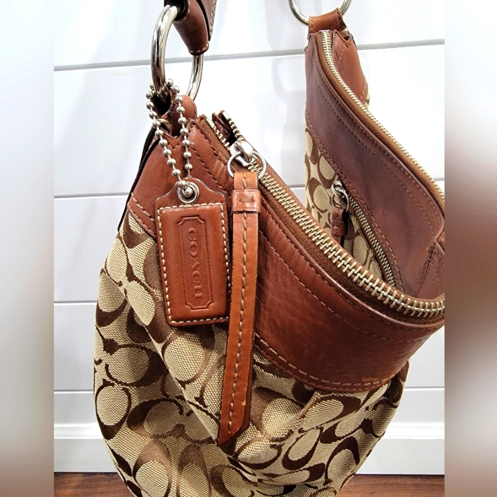 Coach Hobo Bag Buckle Pleated Brown Monogram Signature Handbag Purse - Picture 1 of 15